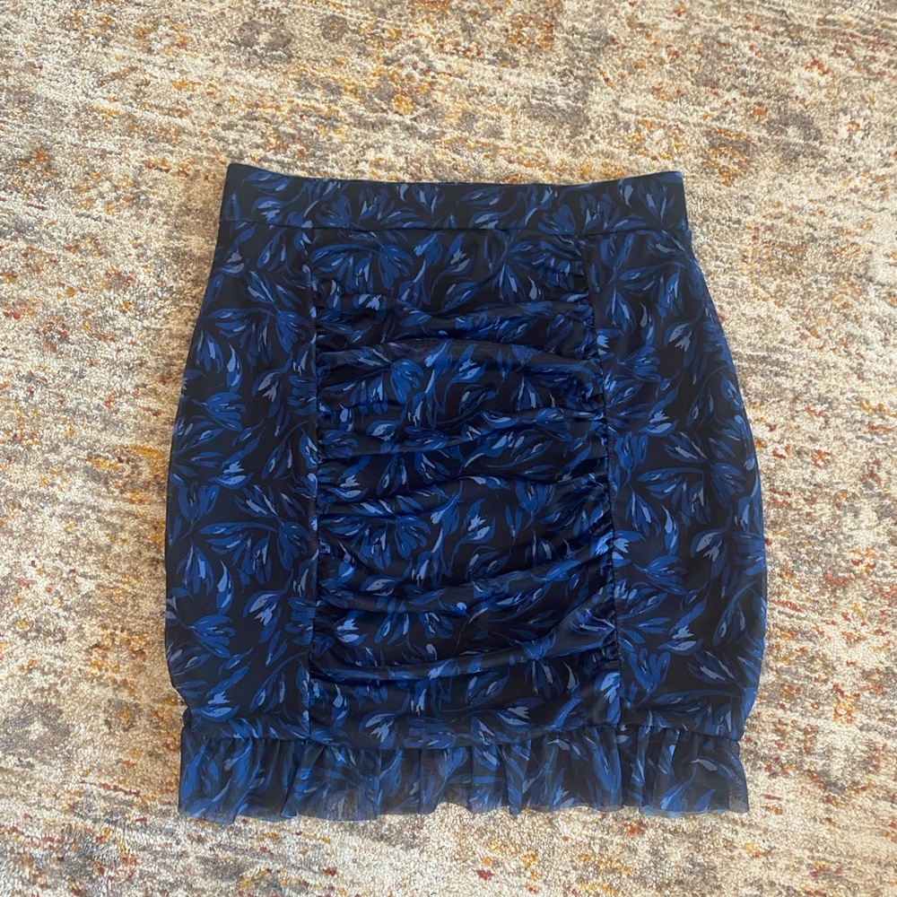 Free People ruched mini skirt, blue and black floral, XS